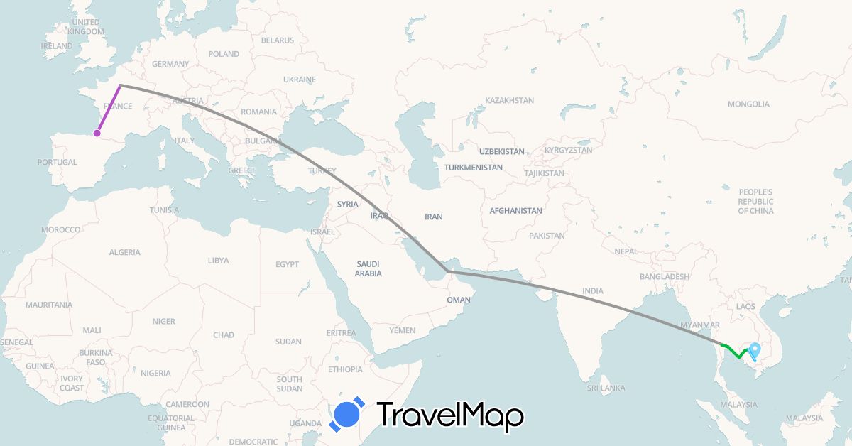 TravelMap itinerary: driving, bus, plane, train, boat in United Arab Emirates, France, Cambodia, Thailand (Asia, Europe)